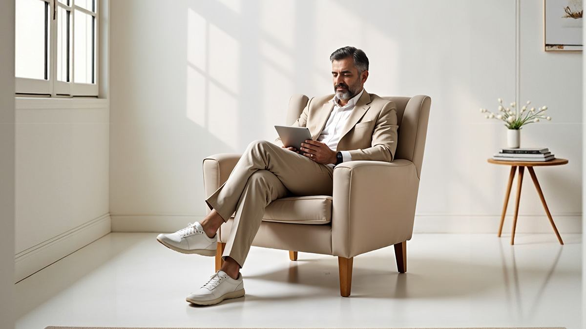 Man in beige suit and white sneakers sits in a bright room, reading a tablet in a minimalist setting with natural light.