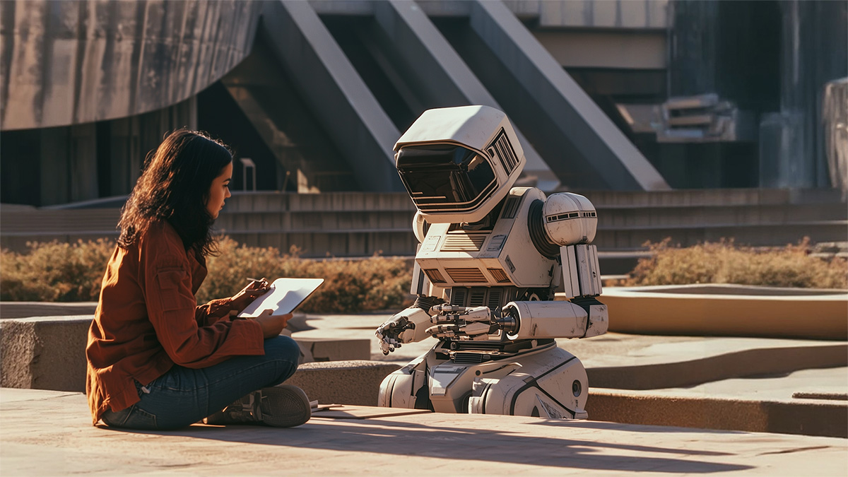A woman interacts with a humanoid robot in a futuristic setting, holding a tablet and stylus, surrounded by modern architecture.