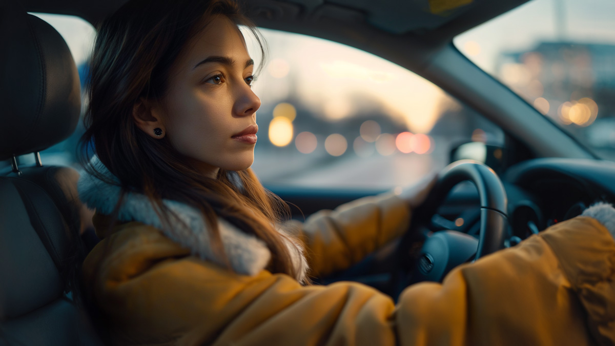 Young woman driving at dusk, wearing a yellow fur-lined jacket, focused expression, city lights blurred in the background.
